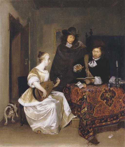  A Woman playing a Theorbo to two Men